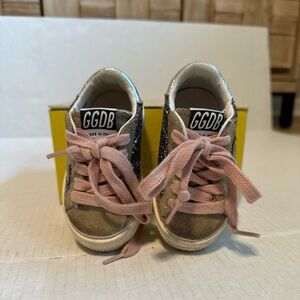 Discontinued hard to find infant toddler, golden goose, rose gold suede/glitter